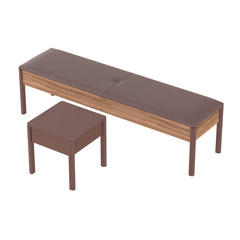 A wooden stool and a bench seat with a leather sydle on a white background. 3d rendering