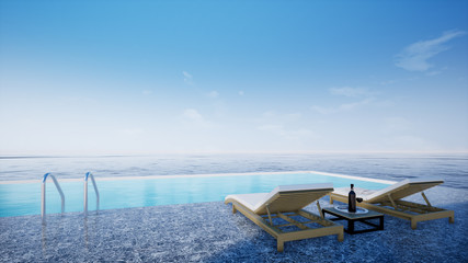 swimming pool in tropical resort near the sea, 3d rendering background