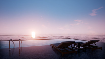 swimming pool near the sea, sunset and vanilla sky, 3d rendering background