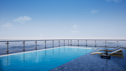 Fototapeta na wymiar luxury swimming pool with blue sky and sea view, 3d rendering background