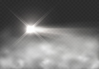 Light effect in fog isolated on transparent background. Glow motorcycle or motorbike headlight and smoke. Vector bright beacon beams with mist..