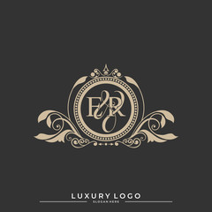 Logo Initial letter ER luxury vector mark, gold color classical symmetric curves decor. editable file eps10.