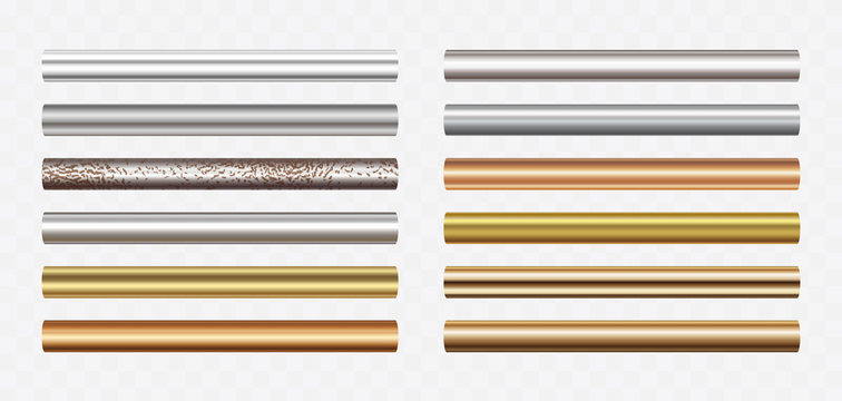 Pipe set isolated on transparent background. Chrome, steel, golden, copper and rusty iron profile elements. Vector cylinder metal tubes.