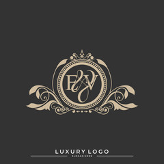 Logo Initial letter EV luxury vector mark, gold color classical symmetric curves decor. editable file eps10.