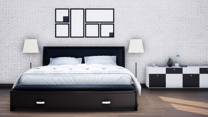 modern bedroom interior design with white brick wall, 3d rendering