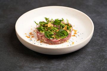 Fresh beef tartare dish with fresh vegetables in white plate