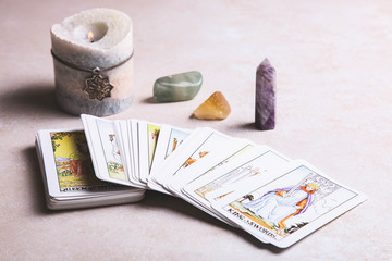 Fortune-telling tarot cards and mineral stones - obrazy, fototapety, plakaty