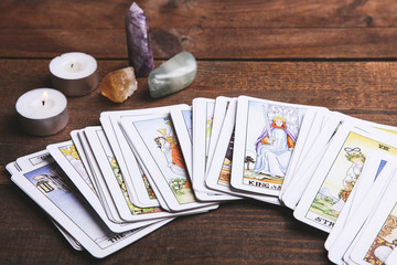 Fortune-telling tarot cards and mineral stones