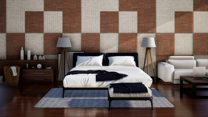 interior design of bedroom with double bed and brick wall, 3D rendering	background