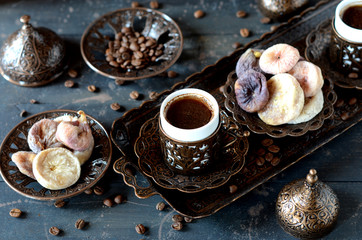 Traditional turkish coffee and dried figs