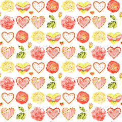 Colorful hearts seamless pattern painted with watercolor