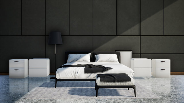 modern bedroom interior design with black wall and white bed, 3d rendering