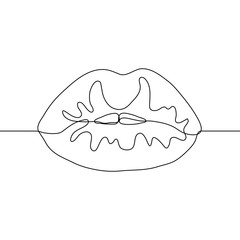black contour silhouette of beautiful female lips. Continuous line art closed mouth with protruding front teeth. Hand-drawn vector illustration on a white background. Can be used for animation.