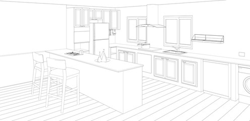 sketch of modern kitchen, room interior design, 3d rendering