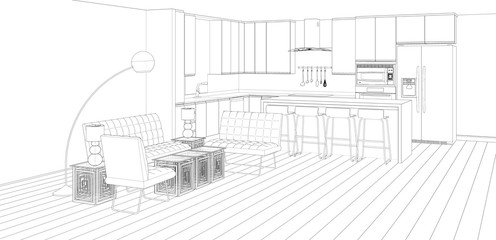 sketch of house with kitchen and lounge, 3d rendering