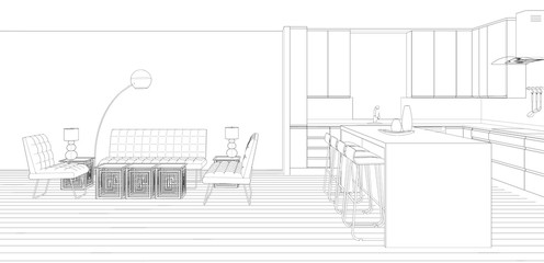 sketch of house with kitchen and lounge, 3d rendering background