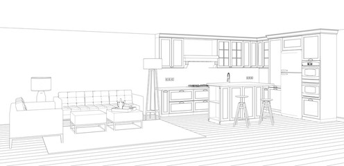 sketch of house interior design with kitchen and lounge, 3d rendering