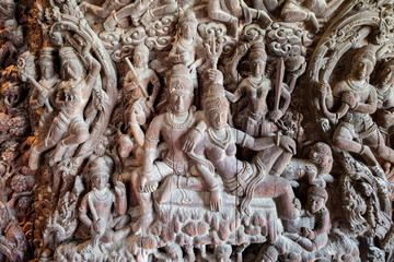 wooden historic carving texture at wall in temple .