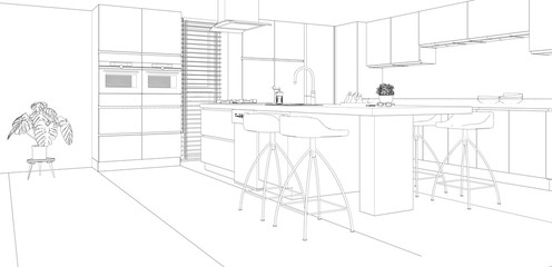 sketch of kitchen interior design, 3d render