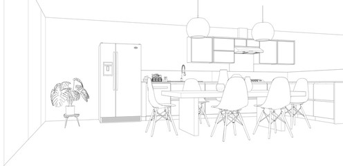 sketch of kitchen and dining room interior design, 3d rendering background