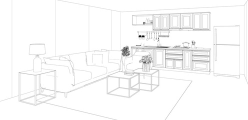 sketch of modern house, living room and kitchen design, 3d render