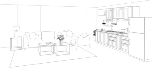 sketch of modern house, living room and kitchen design, 3d rendering