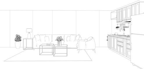 sketch of modern house, living room and kitchen design, 3d render background