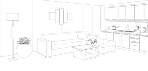drawing of living room and kitchen interior, 3d rendering