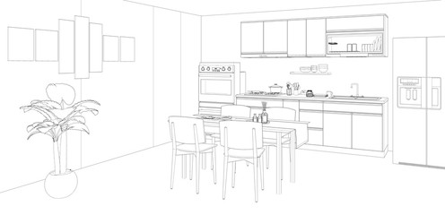 drawing interior of dining room and kitchen, 3d render