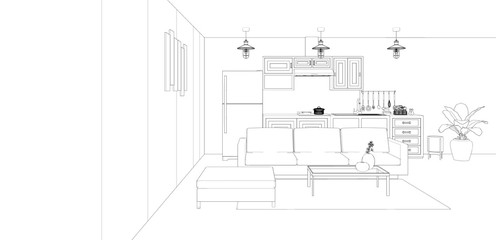 sketch of modern kitchen and living room interior, 3d rendering background