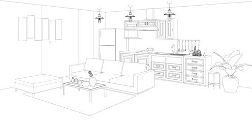 house sketch, living room and kitchen interior design, 3d render