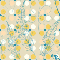 Wildflowers, herbs and leaves vector seamless pattern. Hand drawn florals on abstract background with geometric shapes.