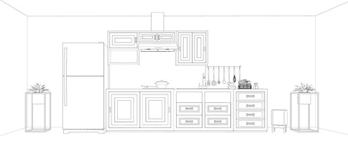 drawing of kitchen interior, 3d render