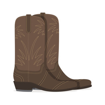 The brown leather cowboy boots with the yellow embroidery is isolated on a white background.