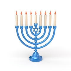 Blue Hanukkah Menorah with candles 3d illustration