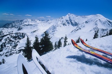 Two Pairs Of Skis On Edge Skirun