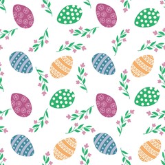 Easter pattern of painted eggs and flowers. For the design of wallpapers, packaging, cards, spring illustrations.