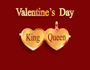 Valentine s Day. King and queen. Gold medallion. Heart-shaped pendant in yellow gold. 3D with shadow. illustration