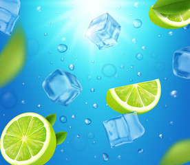 Mojito cocktails ads with lime fruit and ice cubes falling in blue water background, 3d illustration for package design, refreshing beverage poster