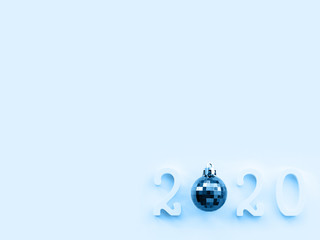 New Year 2020 background with classic blue ball. Numbers 2020 on white copy space with decorative ball for Christmas tree.