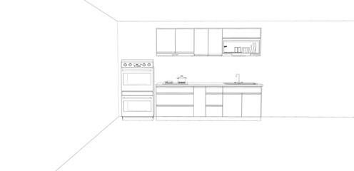 sketch of modern kitchen design, 3d rendering background