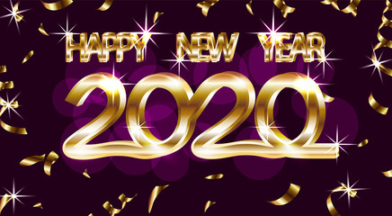 Happy 2020 new year. Gold inscription. Holiday cards with tinsel. illustration