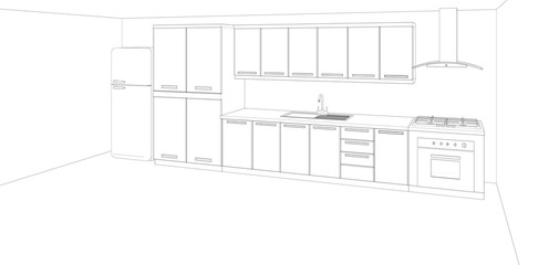 sketch of modern house, kitchen design, 3d rendering