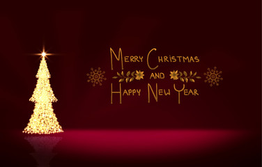 Fototapeta na wymiar Merry Christmas and New Year background with golden fir tree.