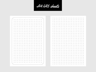 Set of dotted paper sheets for notebook, daily planner, copybook, sketchpad. Vector isolated sheets with black dots on the white background. A4, A5, A6 standard scaled size
