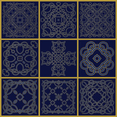 Template with Celtic vector ornaments. Abstract elements with blue and gold colors