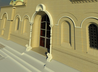 Entrance to the temple 3D illustration. Church west side door, three dimensional, color image. Collection.