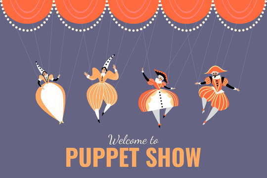 Illustration of a performance in a puppet show. Puppets in traditional Italian costumes