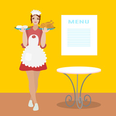 Girl waiter dressed in a pink dress and a white apron carries a dish of chicken and potatoes, clip-art on background with table and menu