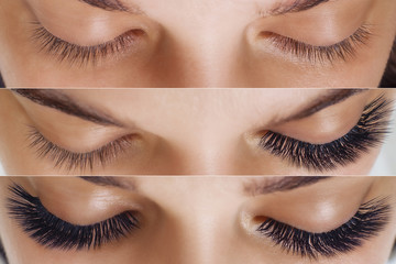 Eyelash Extension. Comparison of female eyes before and after. - 310416281